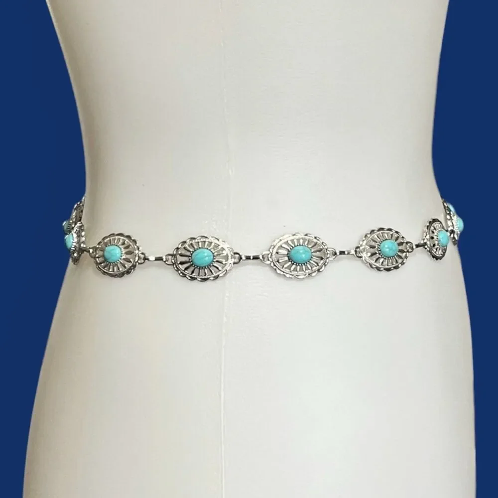 Womens Concho Chain Belt Silver Tone Turquoise Blue Faux Stone Accents 44 inch